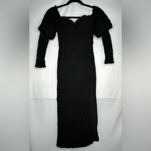 ASOS Luxe Bardot Midi‎ Dress Off Shoulder  Bow Black Crochet Side Slit Sexy Sz 8